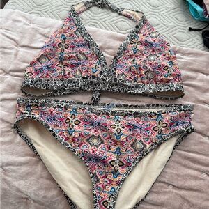 Swimsuits For All Pink Blue Multicolor Floral-Geo Halter Bikini
